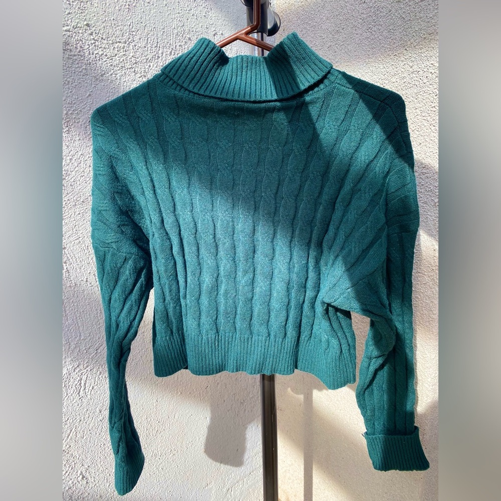 Elegant Teal Cable Knit Turtleneck Sweater